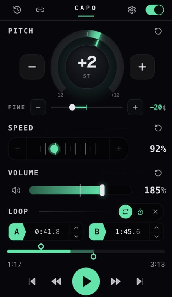 The Capo popup, showing pitch set to +2 semitones, speed at 0.92×, volume at 185% and an A–B loop