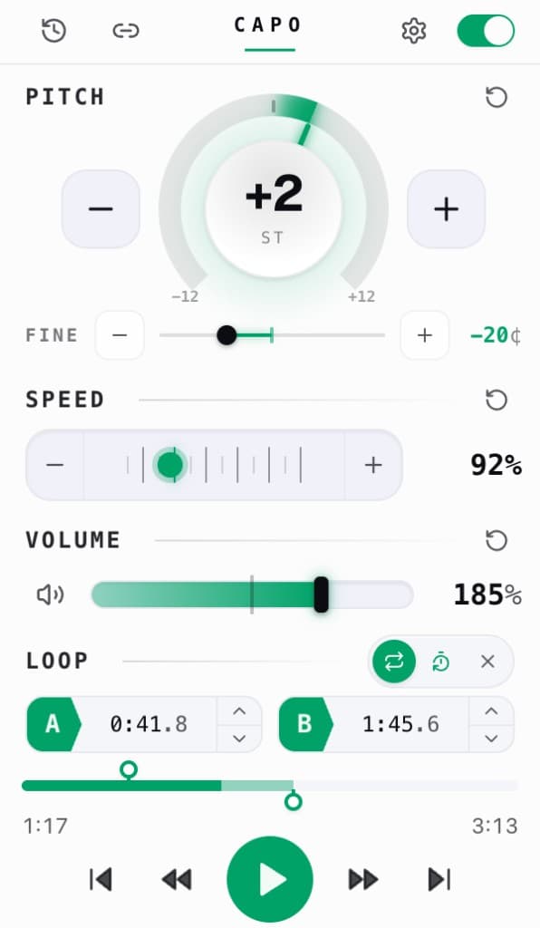The Capo popup, showing pitch set to +2 semitones, speed at 0.92×, volume at 185% and an A–B loop