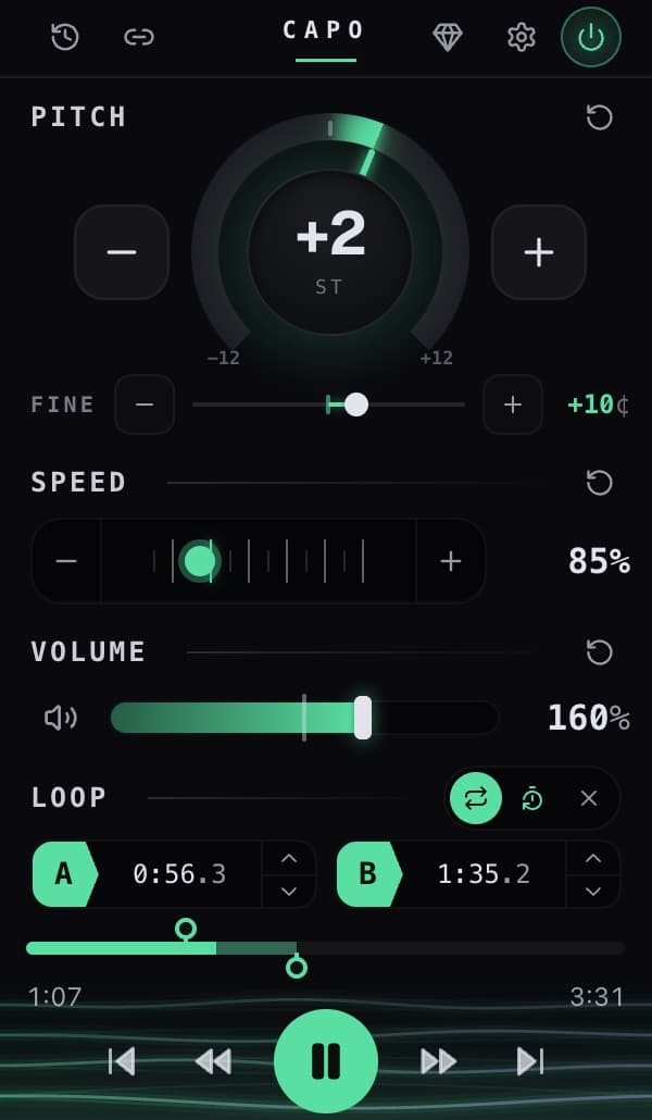 The Capo popup, showing pitch set to +2 semitones, speed at 0.85×, volume at 160% and an A–B loop