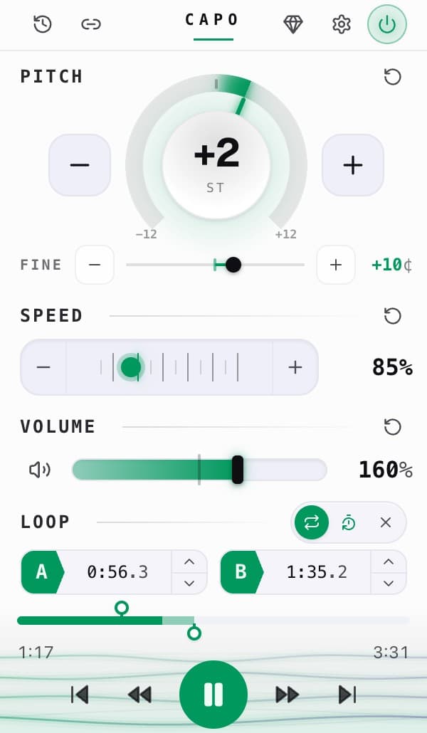 The Capo popup, showing pitch set to +2 semitones, speed at 0.85×, volume at 160% and an A–B loop