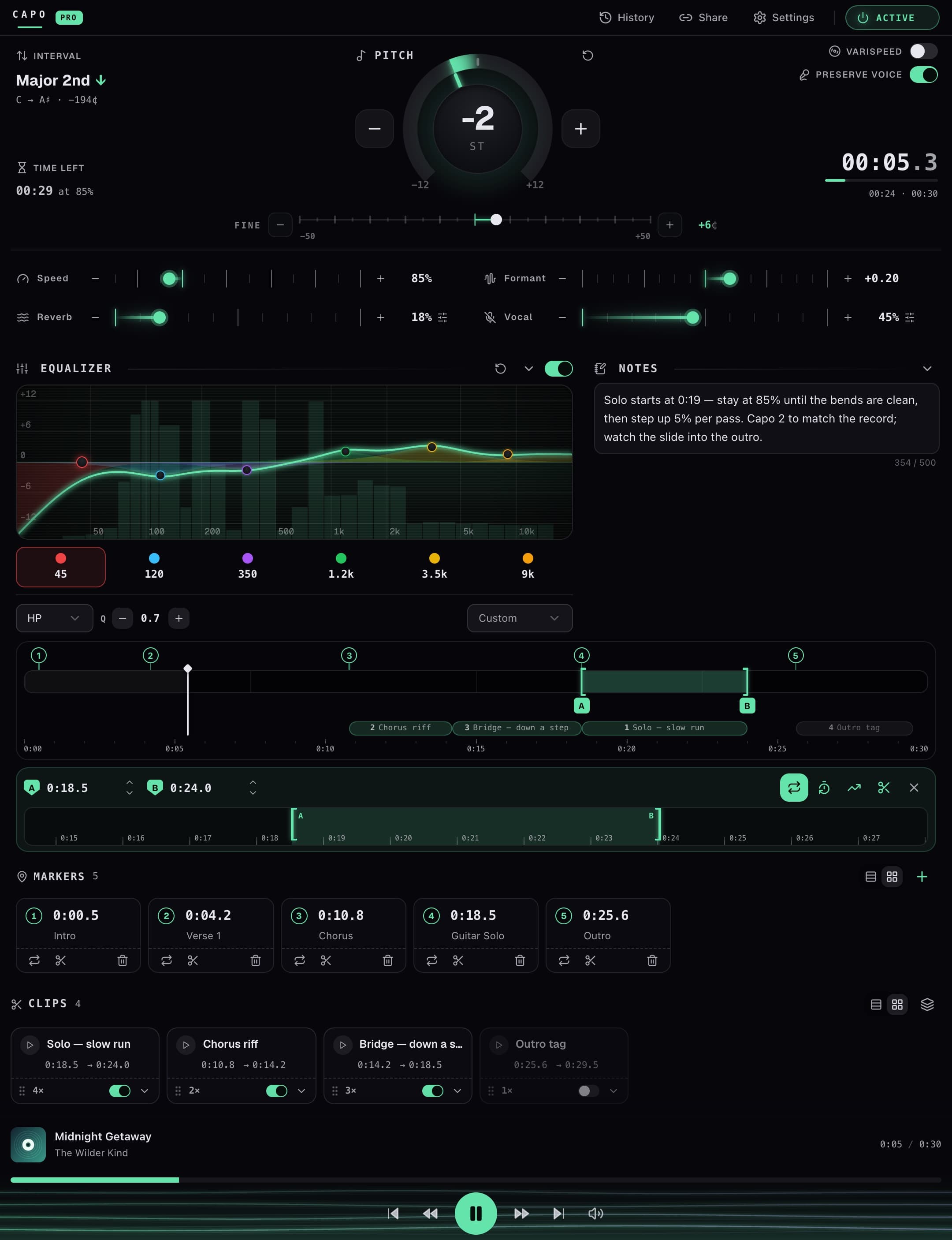 The Capo Pro workspace: pitch dial, effect strips, six-band EQ, notes, timeline with loop loupe, markers and clips